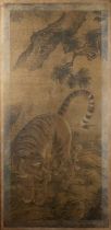 Watercolour panel on silk Korean scroll, possibly Joseon Dynasty, 19th Century, depicting a tiger