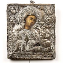 Icon in a silver metal frame Russian, late 18th/19th Century, after the original 'Our Lady of