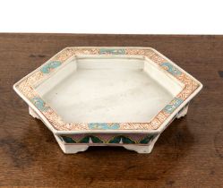 Polychrome hexagonal planter stand Chinese, with painted panels of blossom on a flattened rim, and