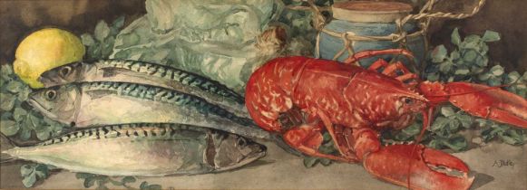 Arthur Dudley (1864-1919) 'Fish and lobster still life', watercolour, signed lower right, 26cm x