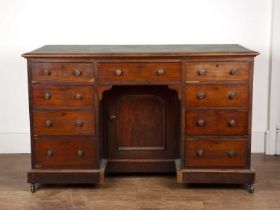 Mahogany kneehole desk Victorian, with leather inset scribe top, one central door flanked either