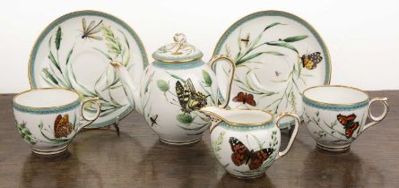 Kerr and Binns of Worcester porcelain tea set, decorated with butterflies and flowers, stamped to