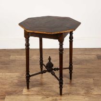 Parquetry topped table the top octagonal with inlay in a sun-like form, on four supports with