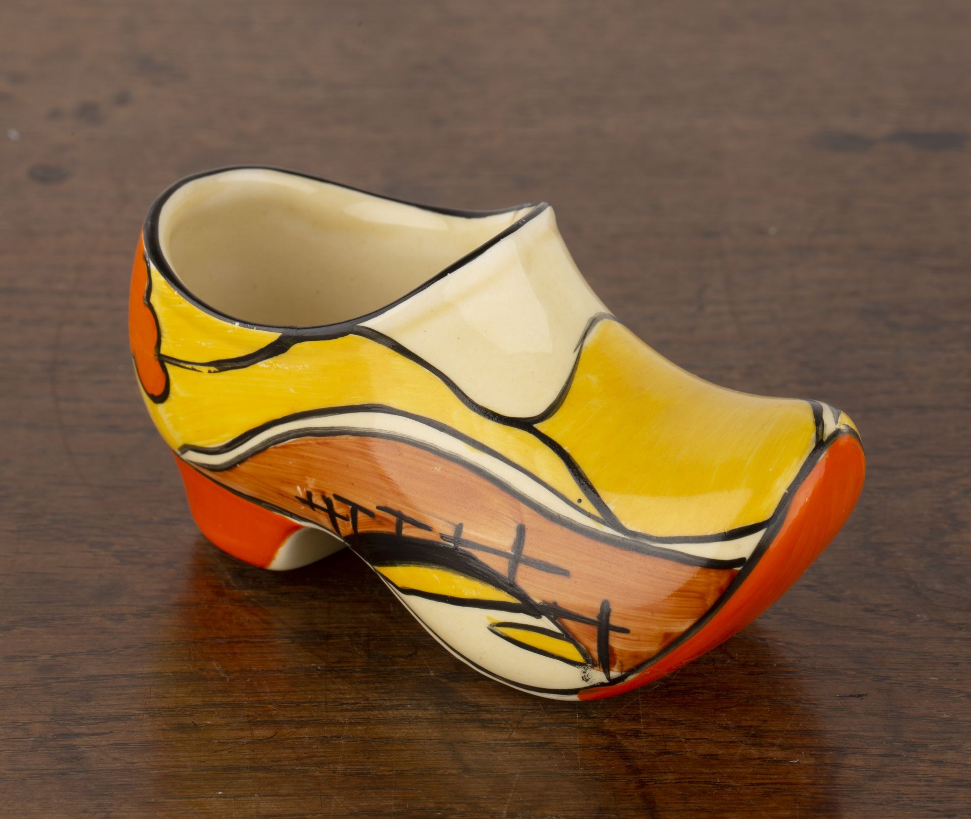 Clarice Cliff (1899-1972) 'House and bridge', model of a clog, marked to the base, 6cm high x 10.5cm - Bild 3 aus 5