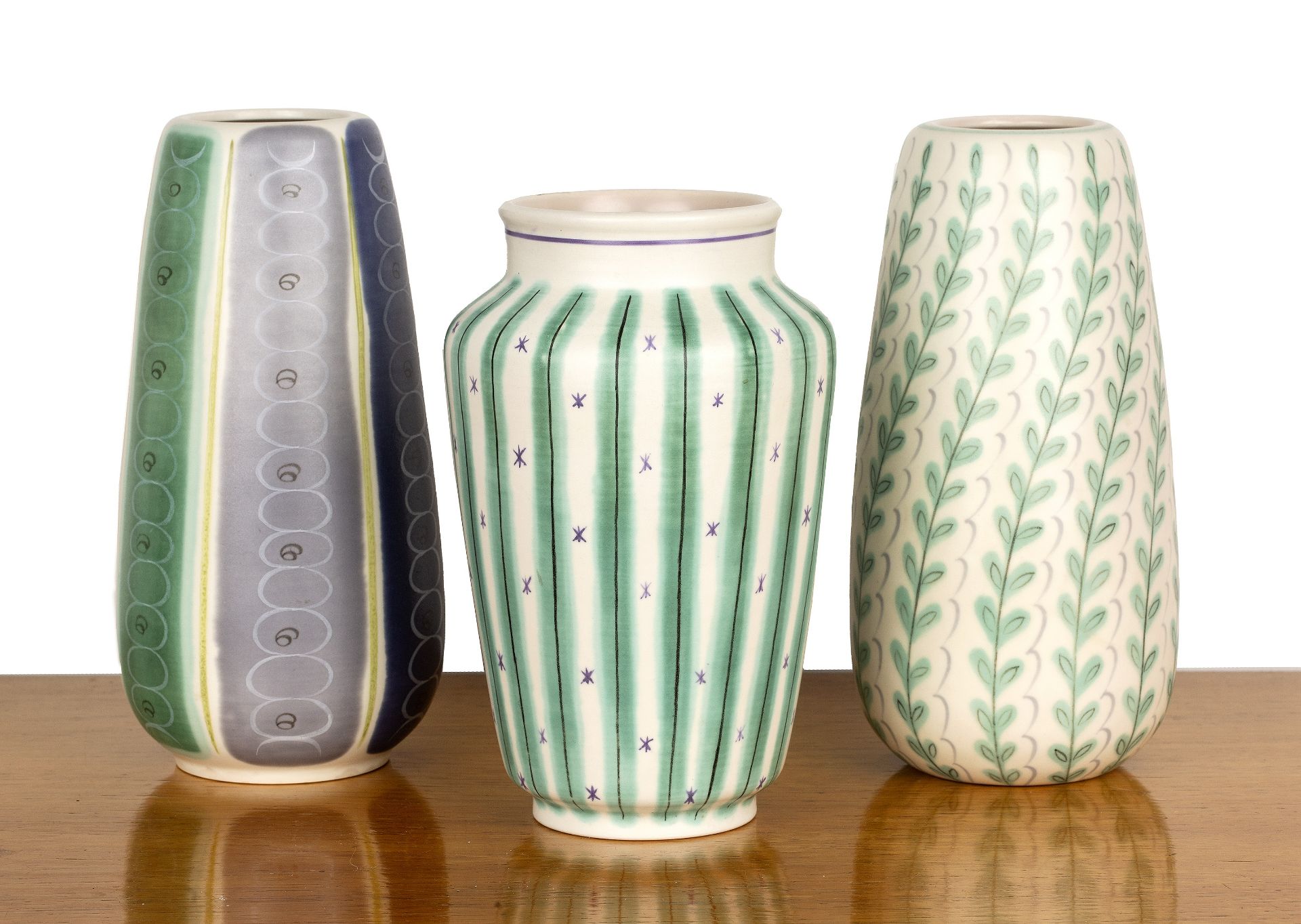 Alfred Rhead and Guy Sydenham (1916-2005) for Poole Pottery three ceramic freeform vases, one