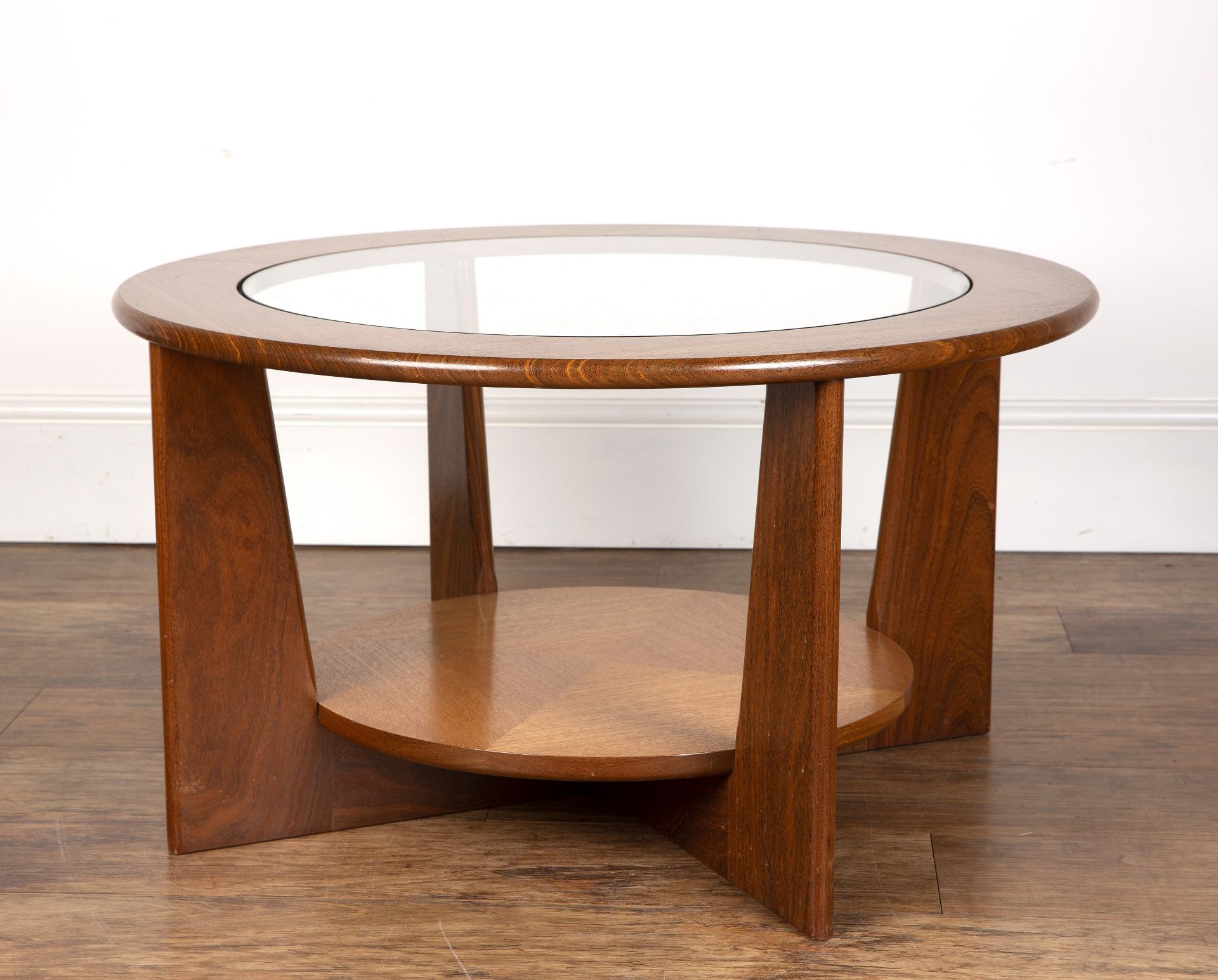 Attributed to G-plan teak, circular coffee table with glass inset top, unmarked, 77.5cm wide x - Image 3 of 5