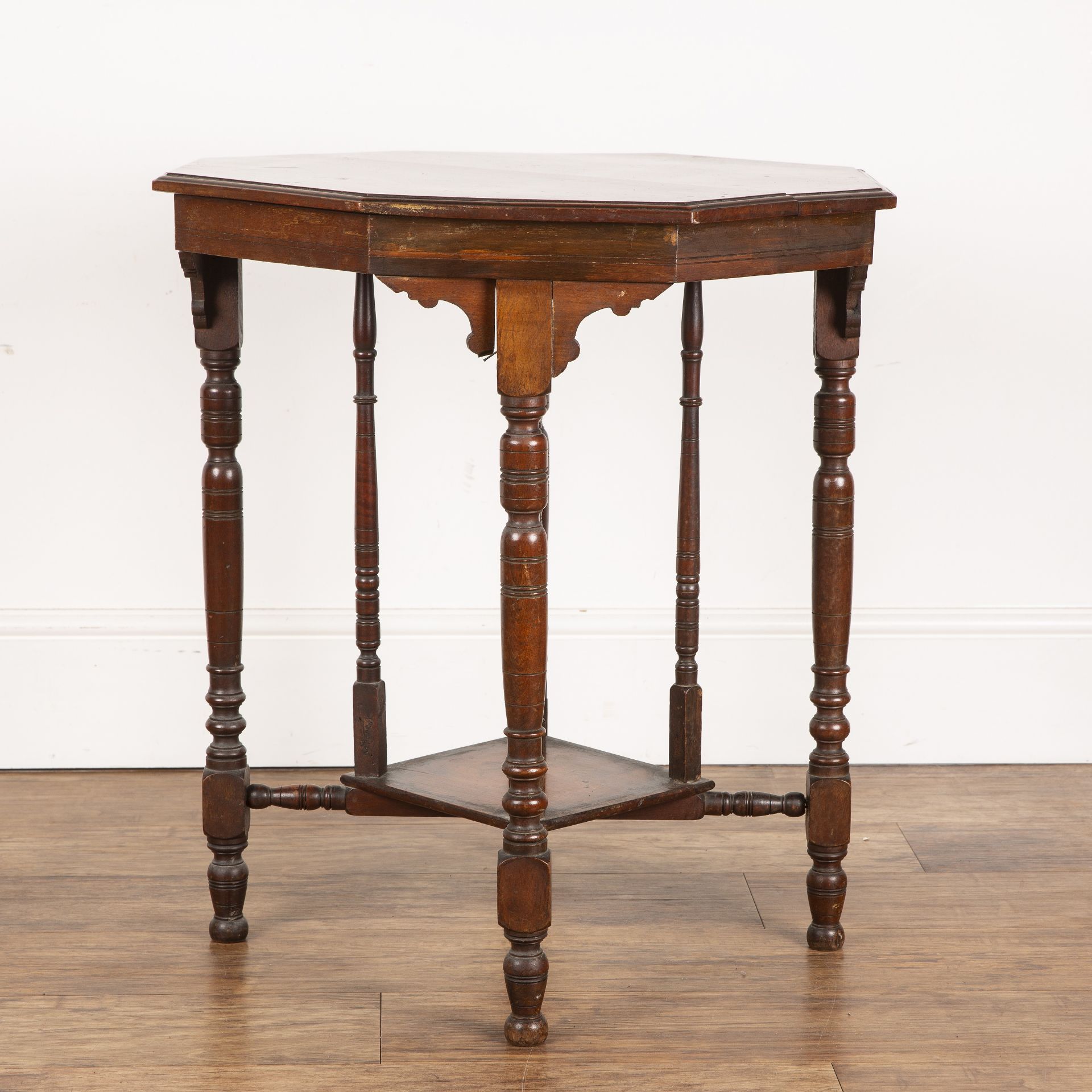 Aesthetic movement walnut, octagonal topped table, on turned legs, unmarked, 60cm wide x 67cm high - Image 6 of 6