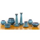 John Adams for Poole Pottery CSA 'Chinese' blue glazed group of ceramics, comprising a pair of