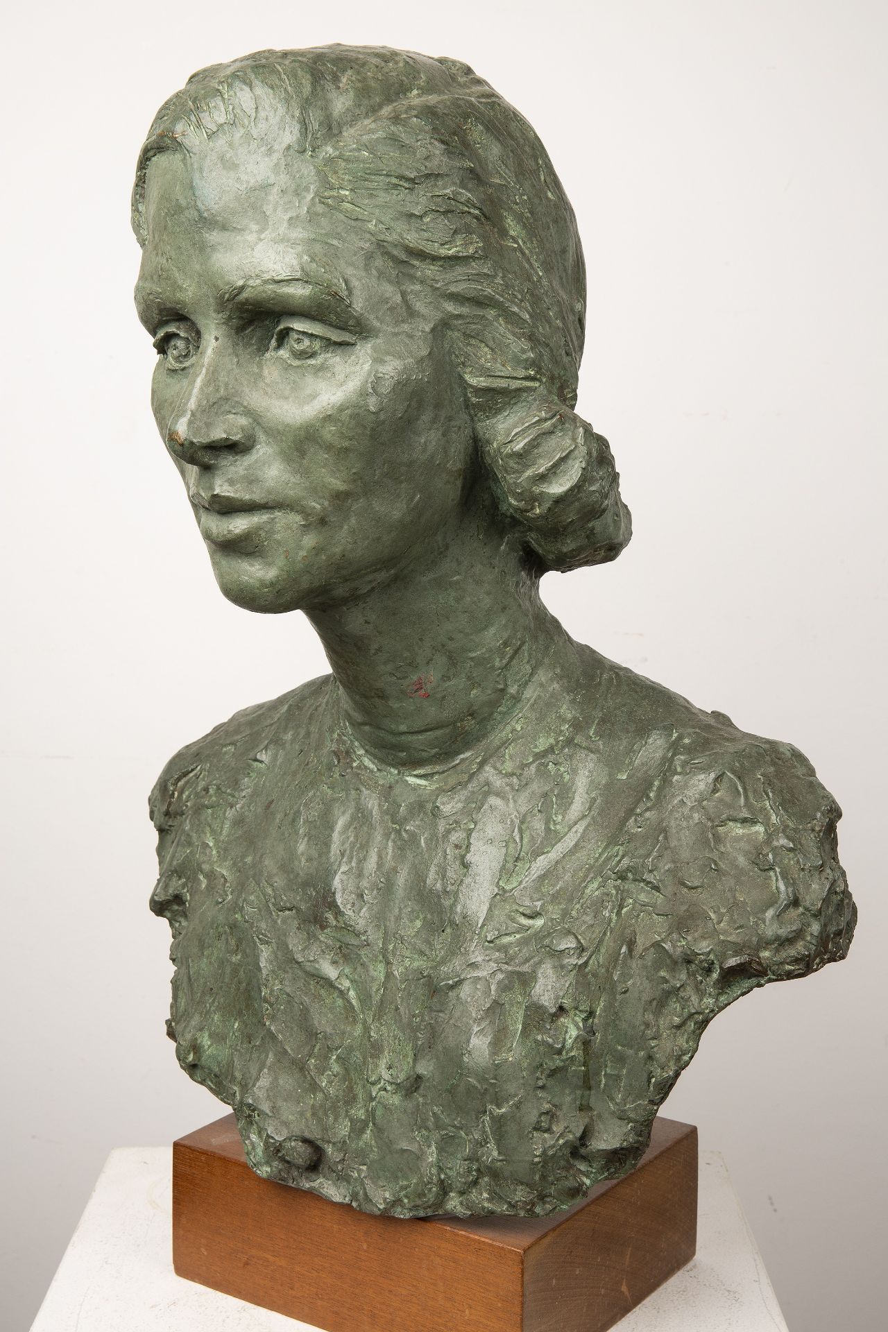 20th Century School 'Study of a lady' bronze bust, unsigned, on wooden plinth, 57cm high overall - Image 3 of 4