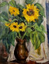 20th Century School 'Still life of sunflowers in a copper jug', oil on canvas, unsigned, 92cm x 71cm