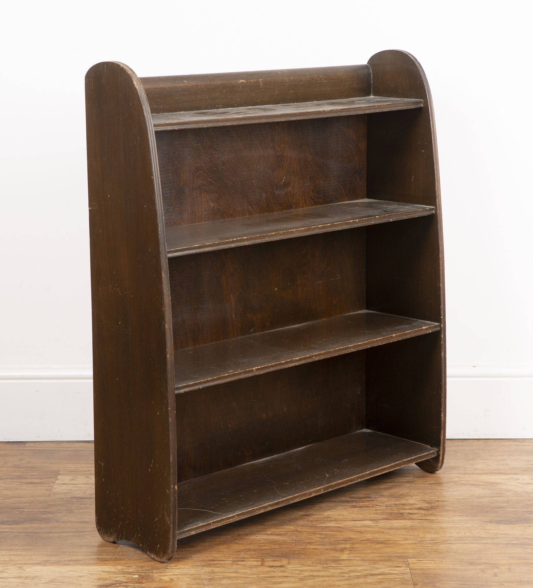 Remploy Furniture stained wood, open bookcase with rounded top, four fixed shelves, label to the - Bild 2 aus 5