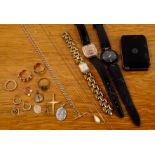 Group of jewellery and watches to include: a 9ct rose gold cased wristwatch with copper face, on