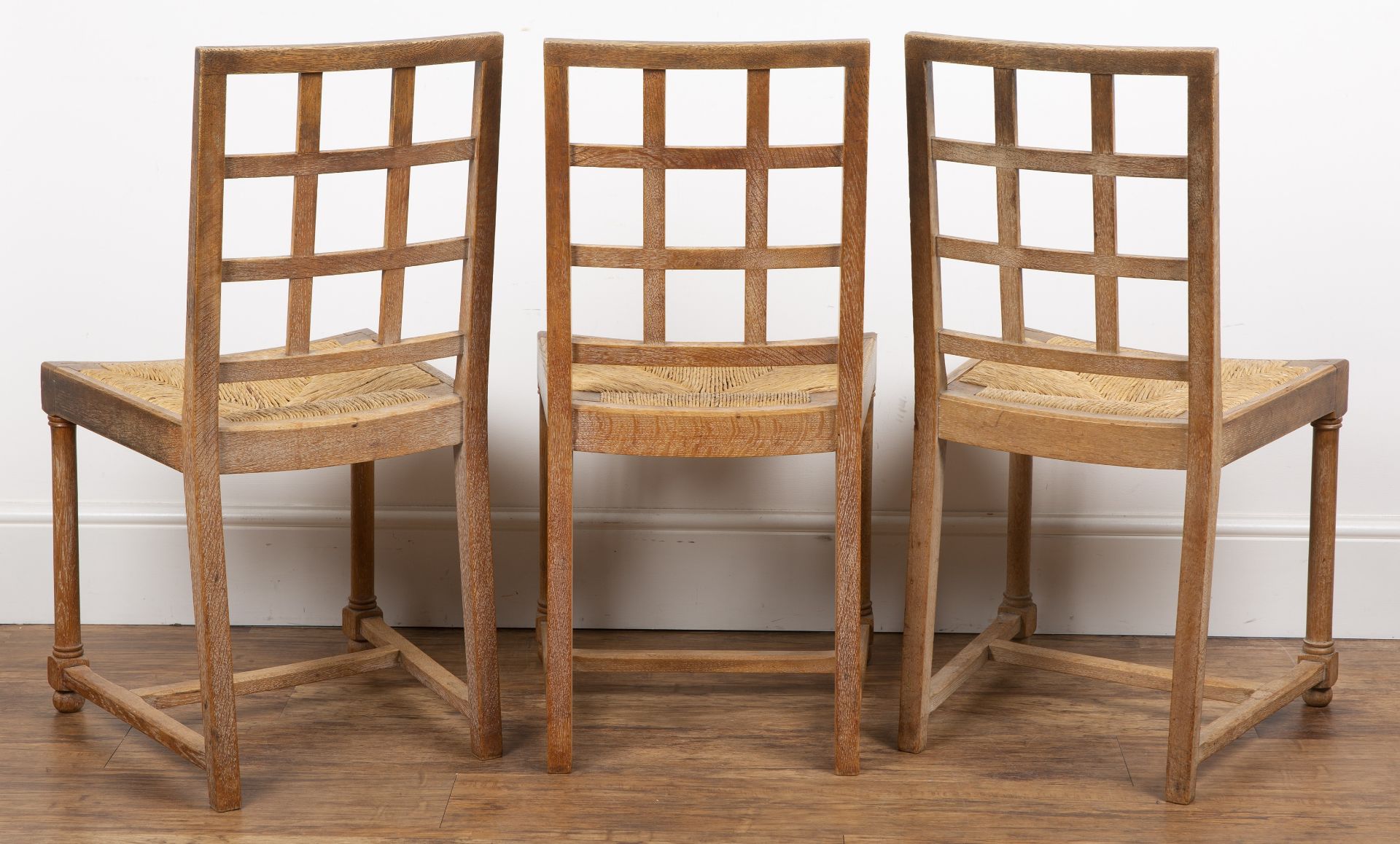 Heals oak, 1930s, lattice back, set of six chairs, with rush seats, each bearing label to the - Bild 3 aus 4