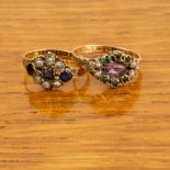 Two Victorian 15ct gold rings one inset with pearls and blue stones, stamped '625' and with