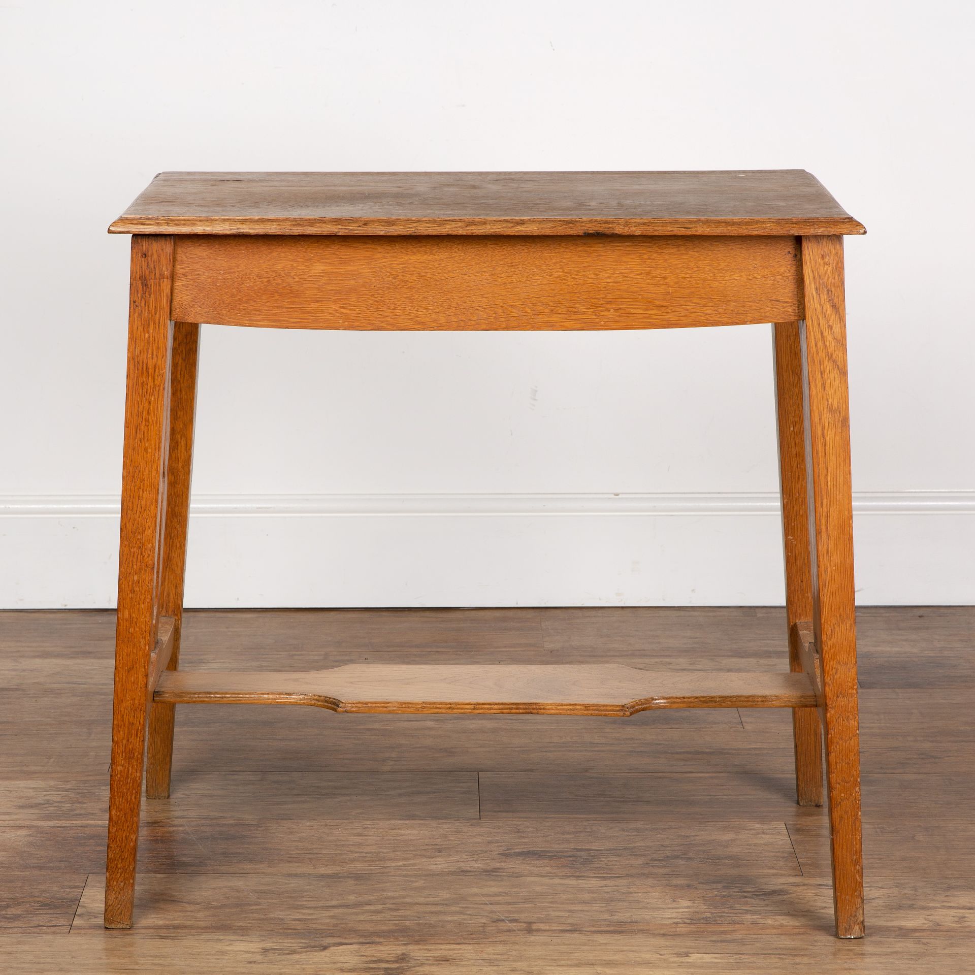 In the manner of Liberty & Co oak, side table with tapering shaped supports, unmarked, 75.5cm wide x - Image 2 of 5