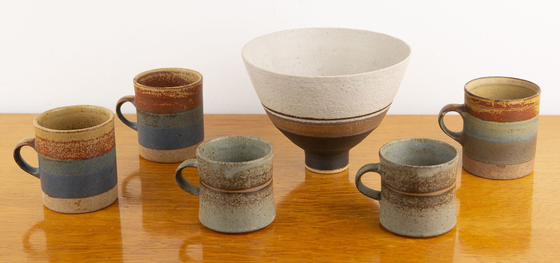 Robin Welch (1936-2019) collection of studio ceramics comprising a large footed bowl, with banded - Image 2 of 4