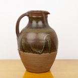 Winchcombe Pottery woodfired stoneware, large jug, with iron glaze top section, unsigned, 34cm