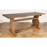 Heals oak, dining or centre table, on lyre-shaped supports, unmarked, 183cm wide x 76cm high x