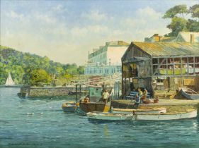 Donald Greig (1916-2009) 'Old Whitestrand Quay, Salcombe', oil on panel, signed lower right, 44cm