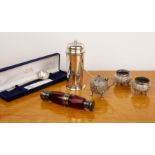 Collection of silver and silver plate to include: a white metal mounted red glass scent bottle