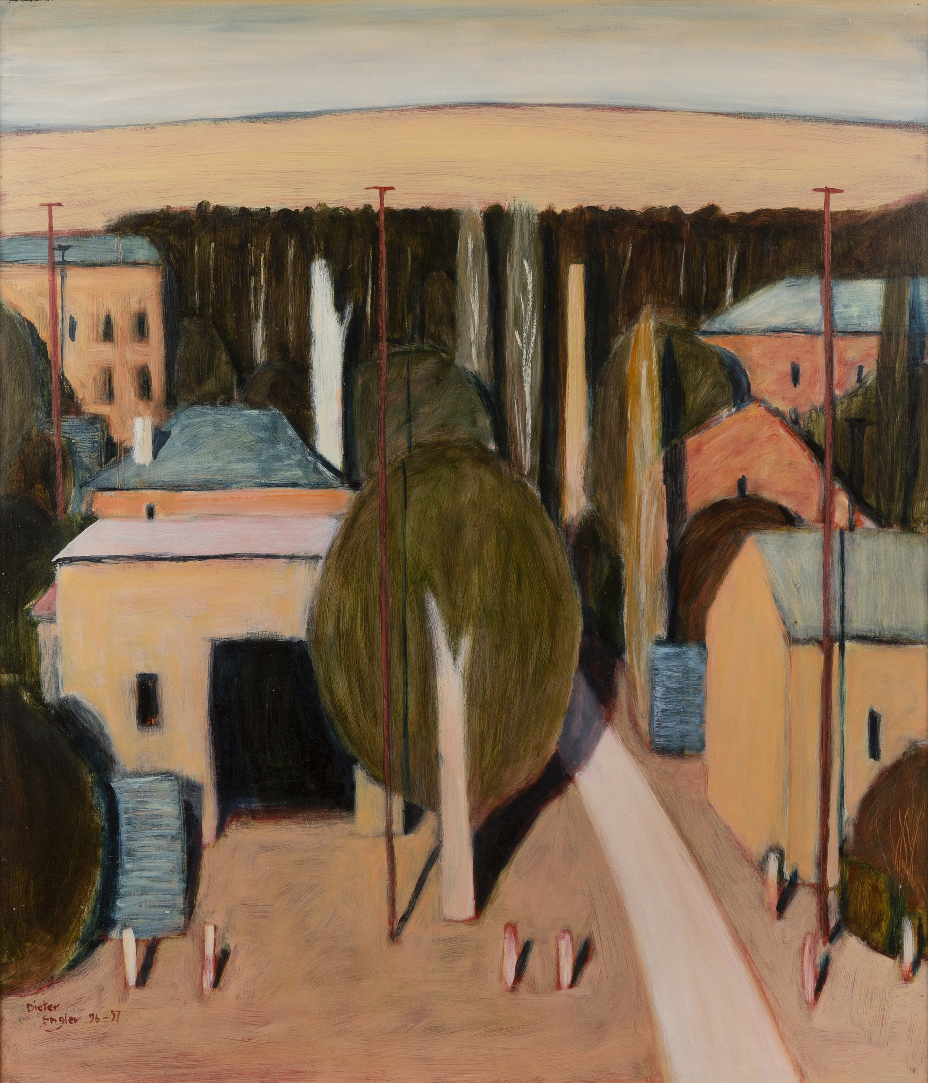 Dieter Engler (b.1958) 'Landscape with chimney', oil on board, signed lower left, dated 1996/1997,