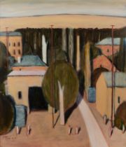 Dieter Engler (b.1958) 'Landscape with chimney', oil on board, signed lower left, dated 1996/1997,