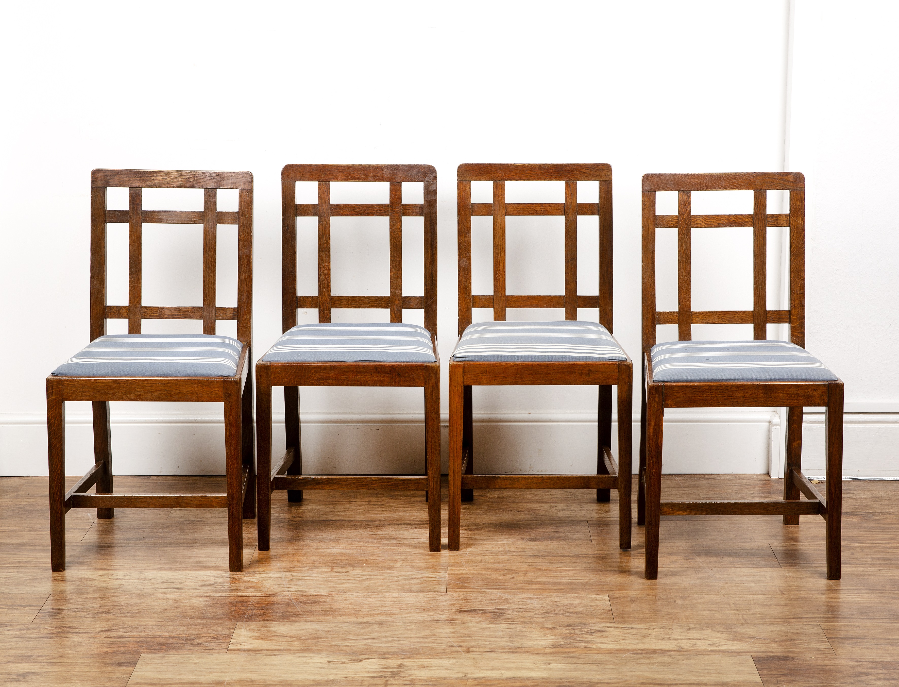 Paul Matt for Brynmawr furniture oak, set of four 'Mount' dining chairs, the seats with striped
