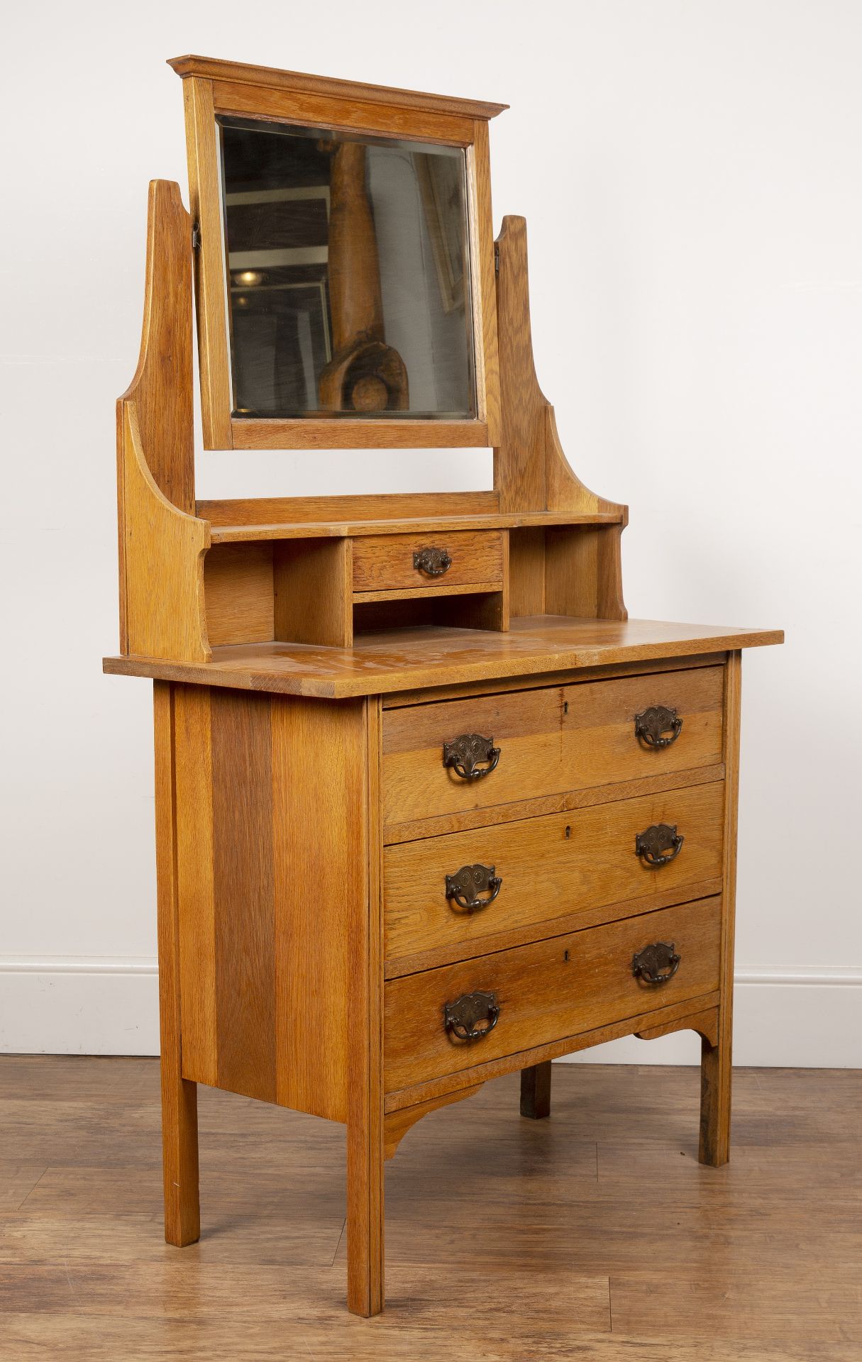 In the manner of Liberty & Co oak, dressing table, the top fitted with a rectangular bevelled edge - Image 2 of 5