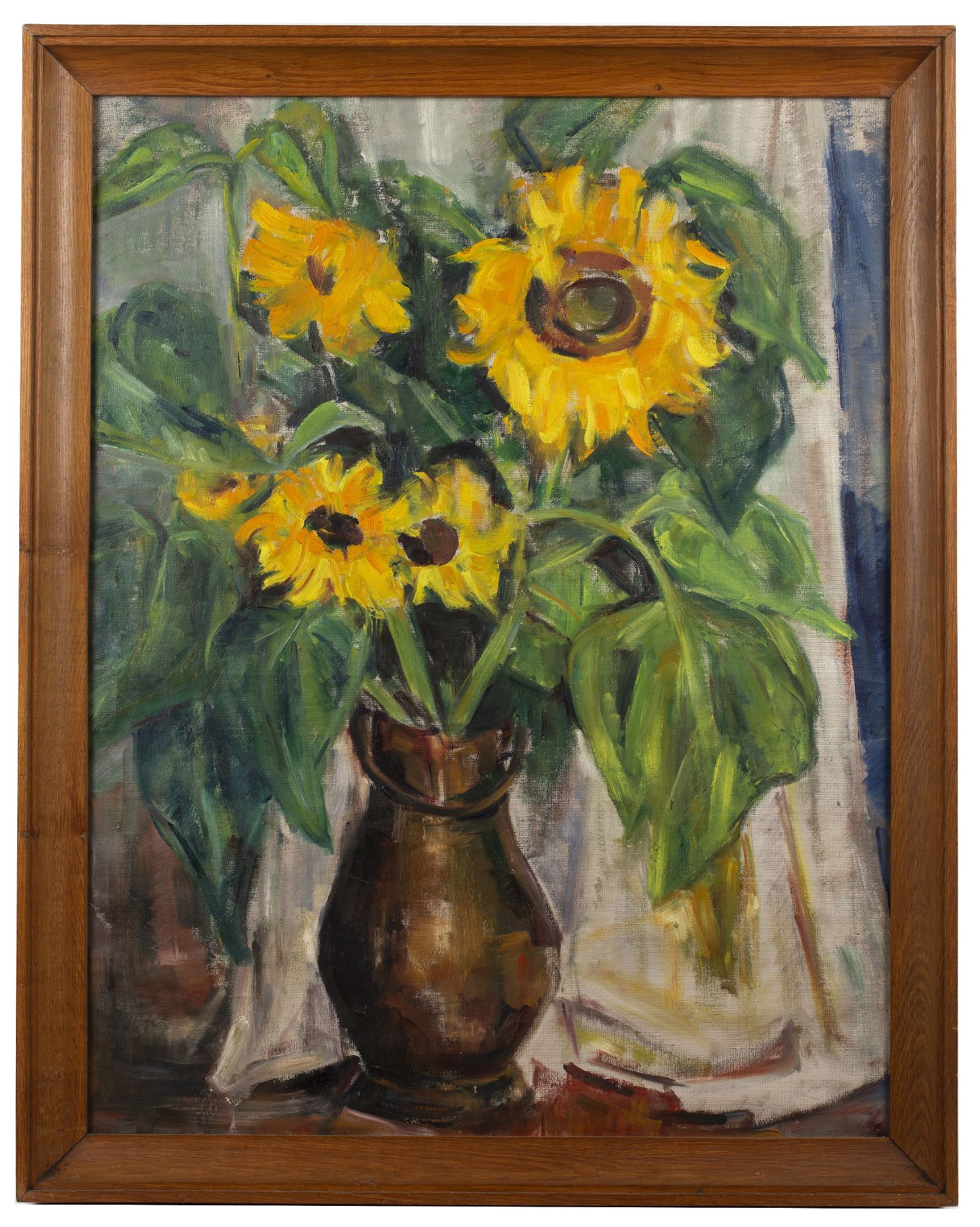 20th Century School 'Still life of sunflowers in a copper jug', oil on canvas, unsigned, 92cm x 71cm - Bild 2 aus 3