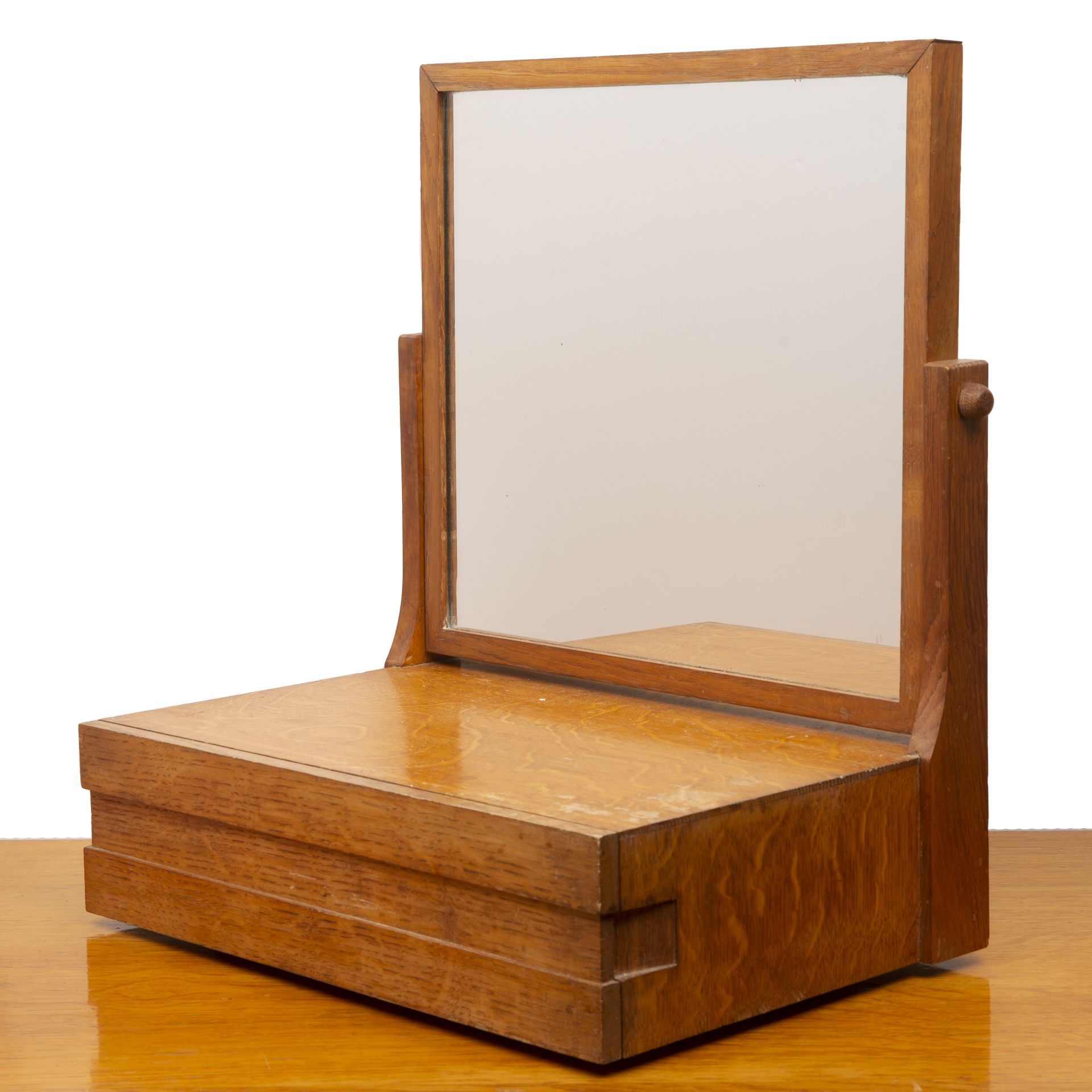 In the manner of Heals oak, dressing table mirror, the base fitted with a drawer, 1930s, unmarked, - Image 3 of 5