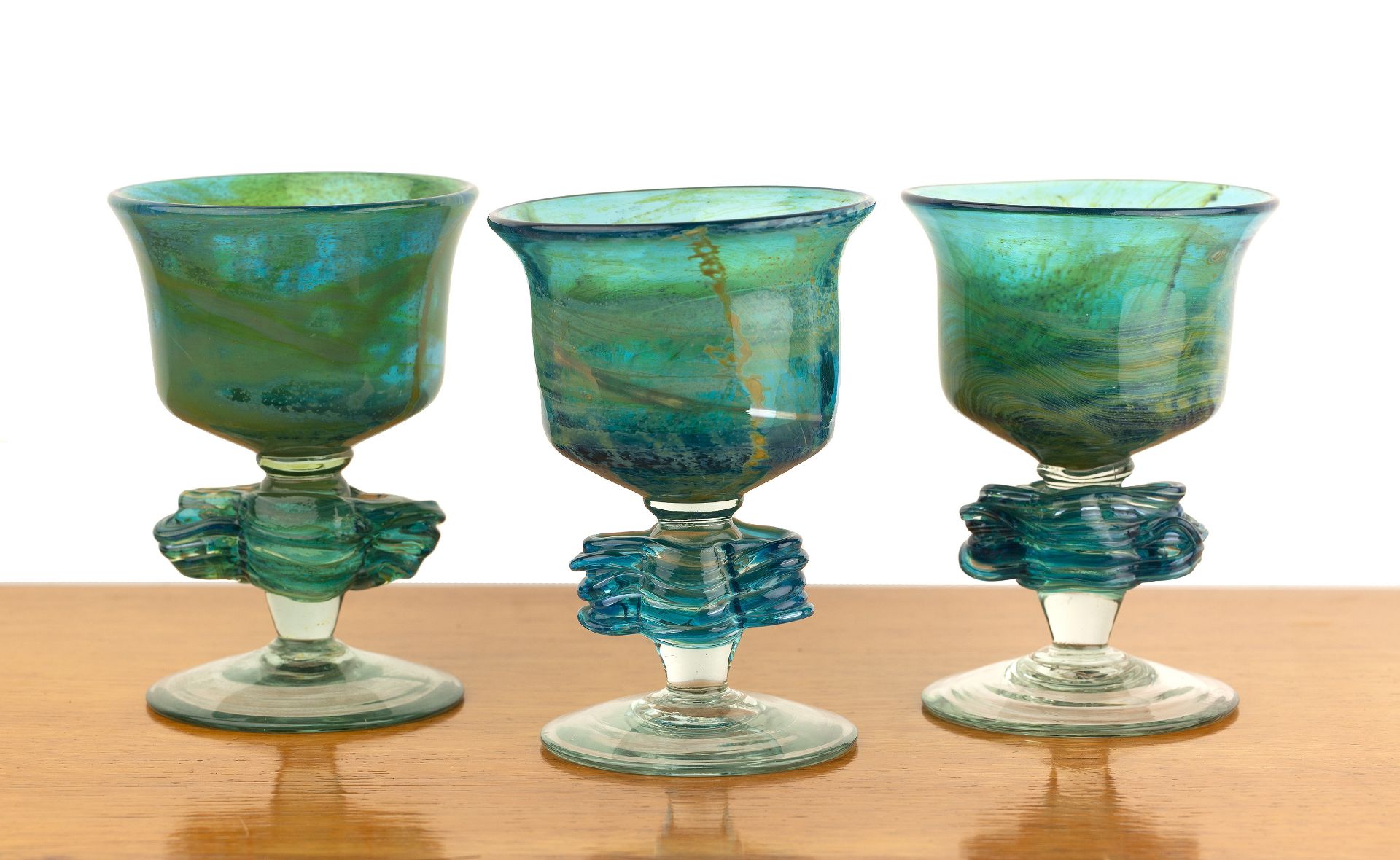 After Michael Harris (1933-1994) Mdina Glass (Malta) three studio glass chalices or goblets, each - Image 2 of 3