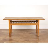 Cotswold School oak, coffee table with rectangular top, with slatted under tier shelf, unmarked,