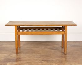 Cotswold School oak, coffee table with rectangular top, with slatted under tier shelf, unmarked,