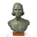 20th Century School 'Study of a lady' bronze bust, unsigned, on wooden plinth, 57cm high overall