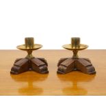 Gordon Russell Ltd of Broadway pair of oak and brass candlesticks, stamped 'Gordon Russell Ltd' to