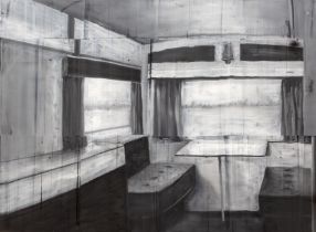 Kaye Donachie (b.1970) 'Caravan', oil and gloss on board, signed and dated 1998 to the reverse, 85cm