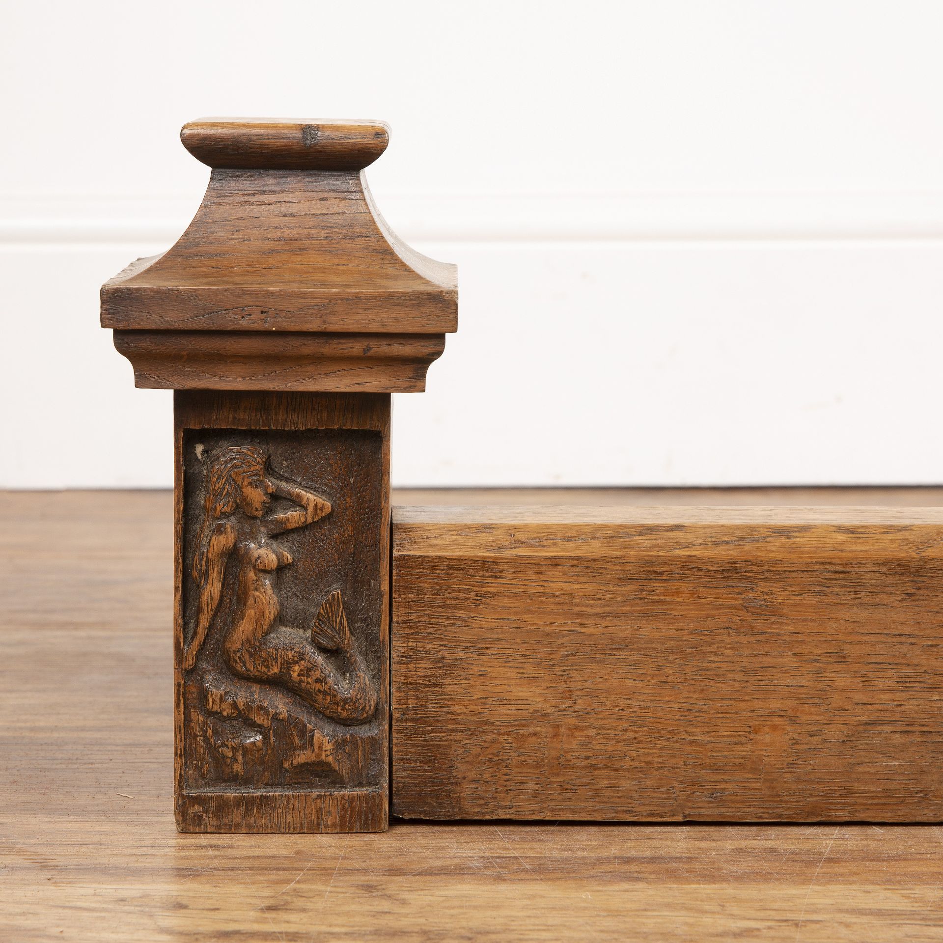 Yorkshire School oak, fire surround or guard, with carved figures at either end, 139.5cm external - Image 3 of 7