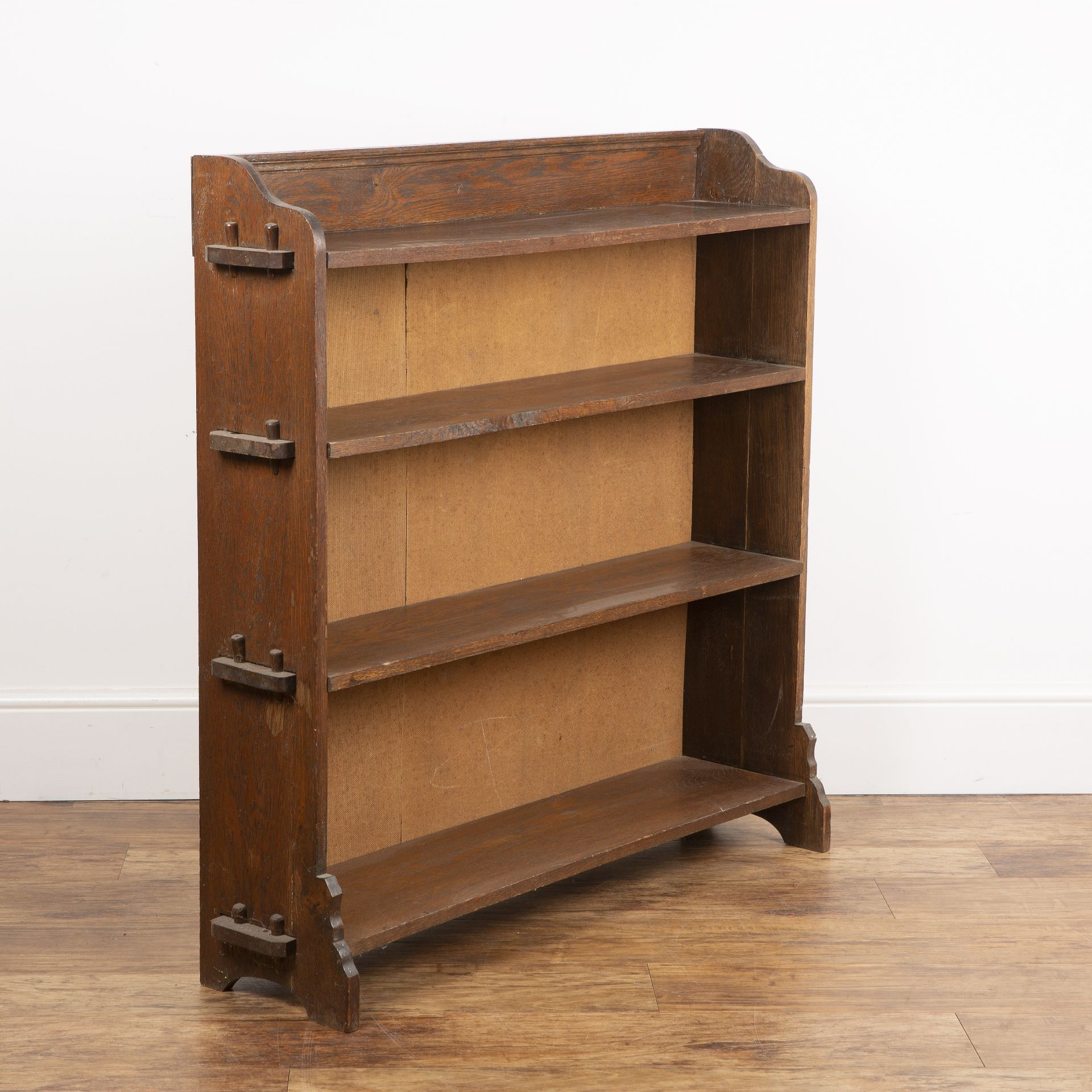 20th Century oak, open bookcase, of pegged construction detailing to either side, with four fitted - Image 2 of 4