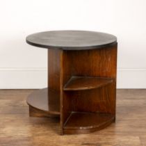 Heals style oak, book table, with circular top, with various fitted shelves in the round to the