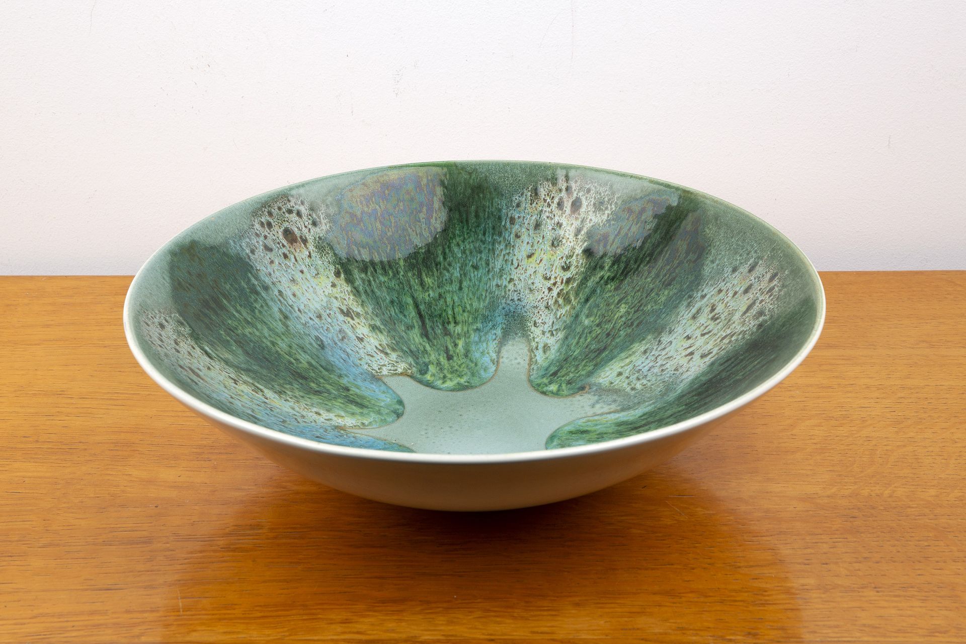 Christine Tate at Poole Pottery 'Studio' range bowl, decorated with green and blue glaze, circa