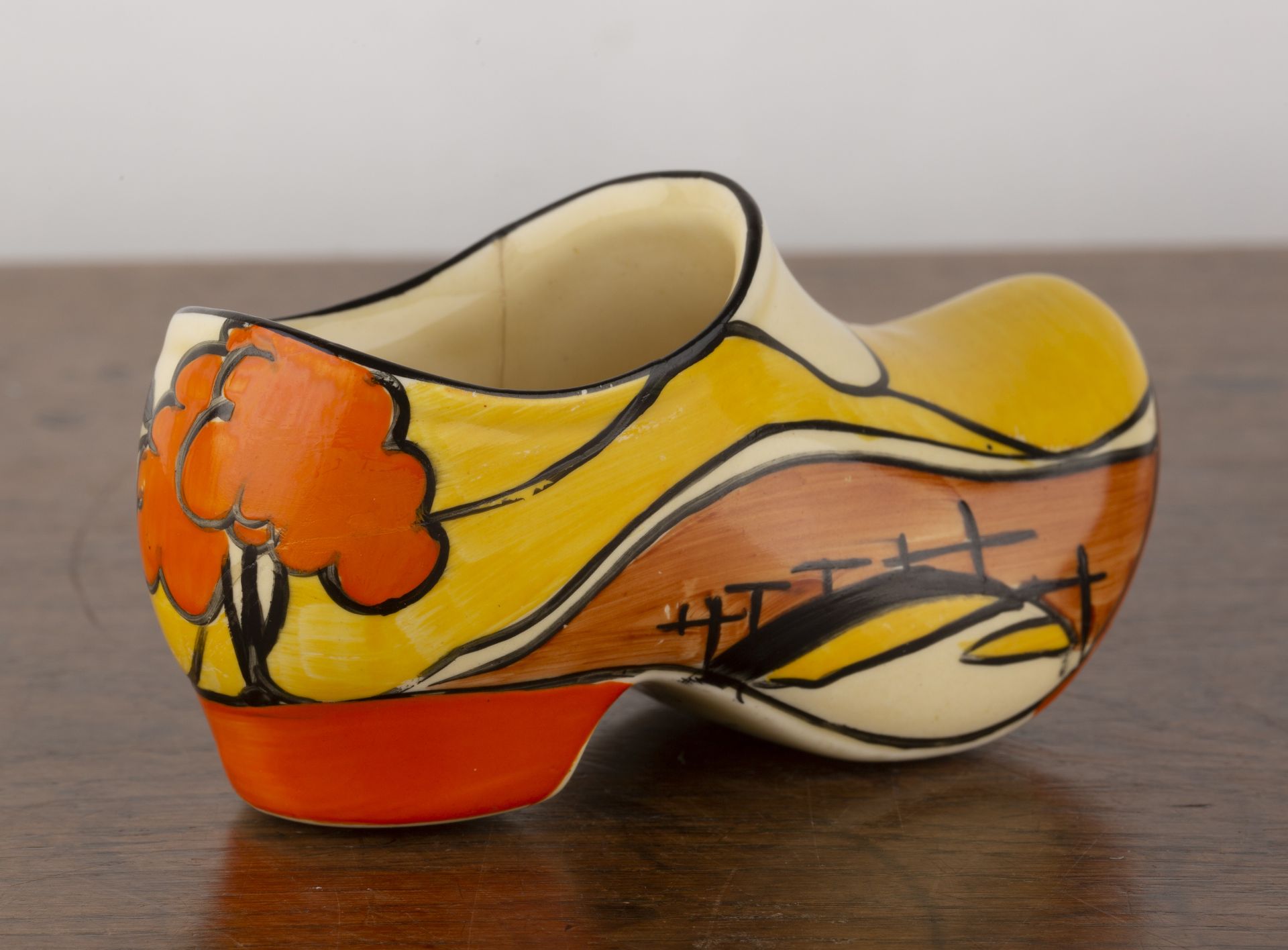 Clarice Cliff (1899-1972) 'House and bridge', model of a clog, marked to the base, 6cm high x 10.5cm - Image 2 of 5