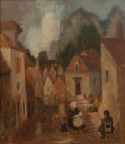 Nancy Graham (20th Century) 'Dogs in the village square', oil on panel, signed lower right, 39.5cm x