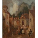 Nancy Graham (20th Century) 'Dogs in the village square', oil on panel, signed lower right, 39.5cm x
