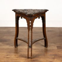 Art Nouveau pokerwork side table, with triangular top, decorated with leaves above a decorated