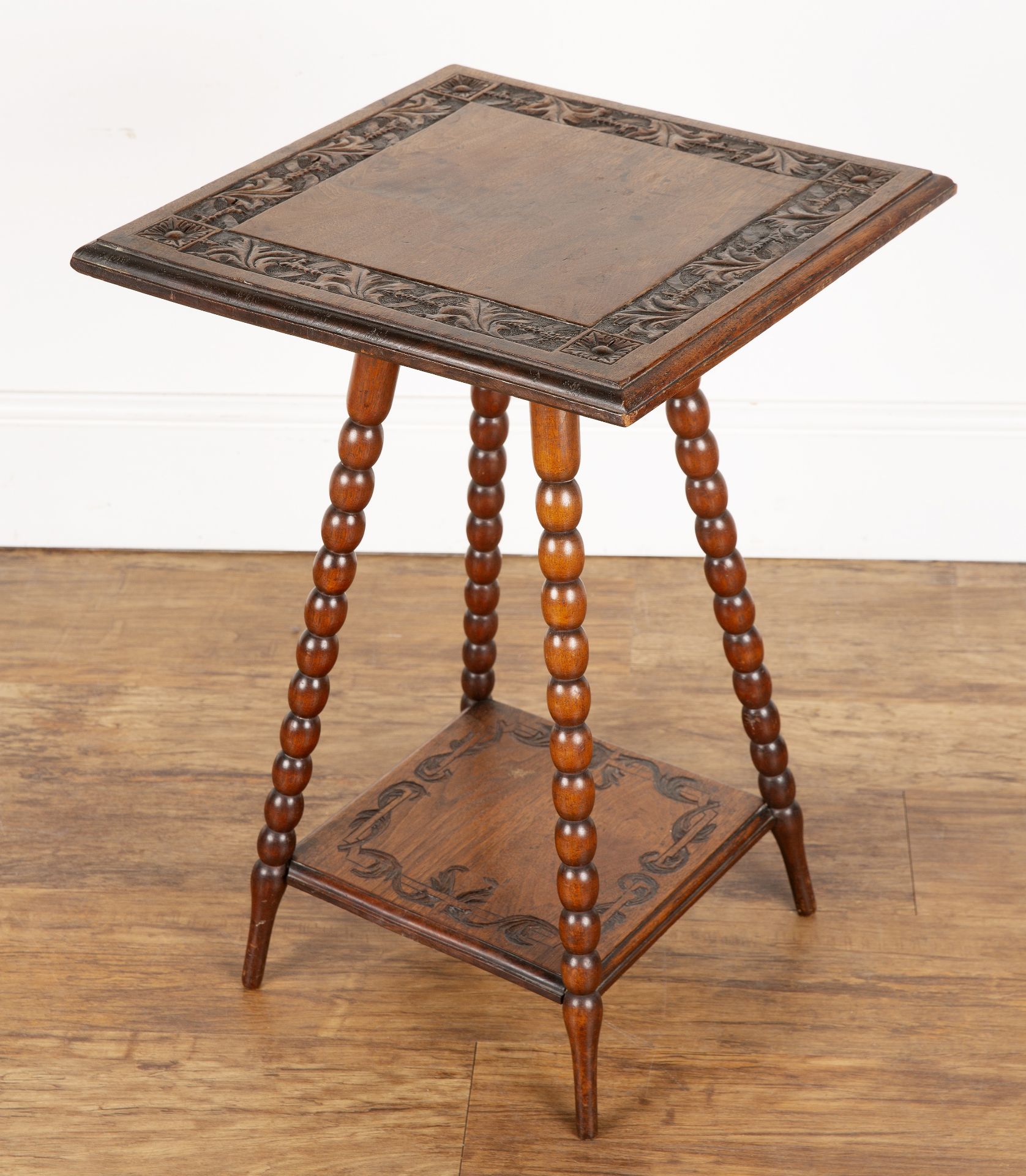 Aesthetic movement oak, side table with carved square top, on bobbin turned legs, 45cm wide x 65.5cm - Bild 4 aus 6