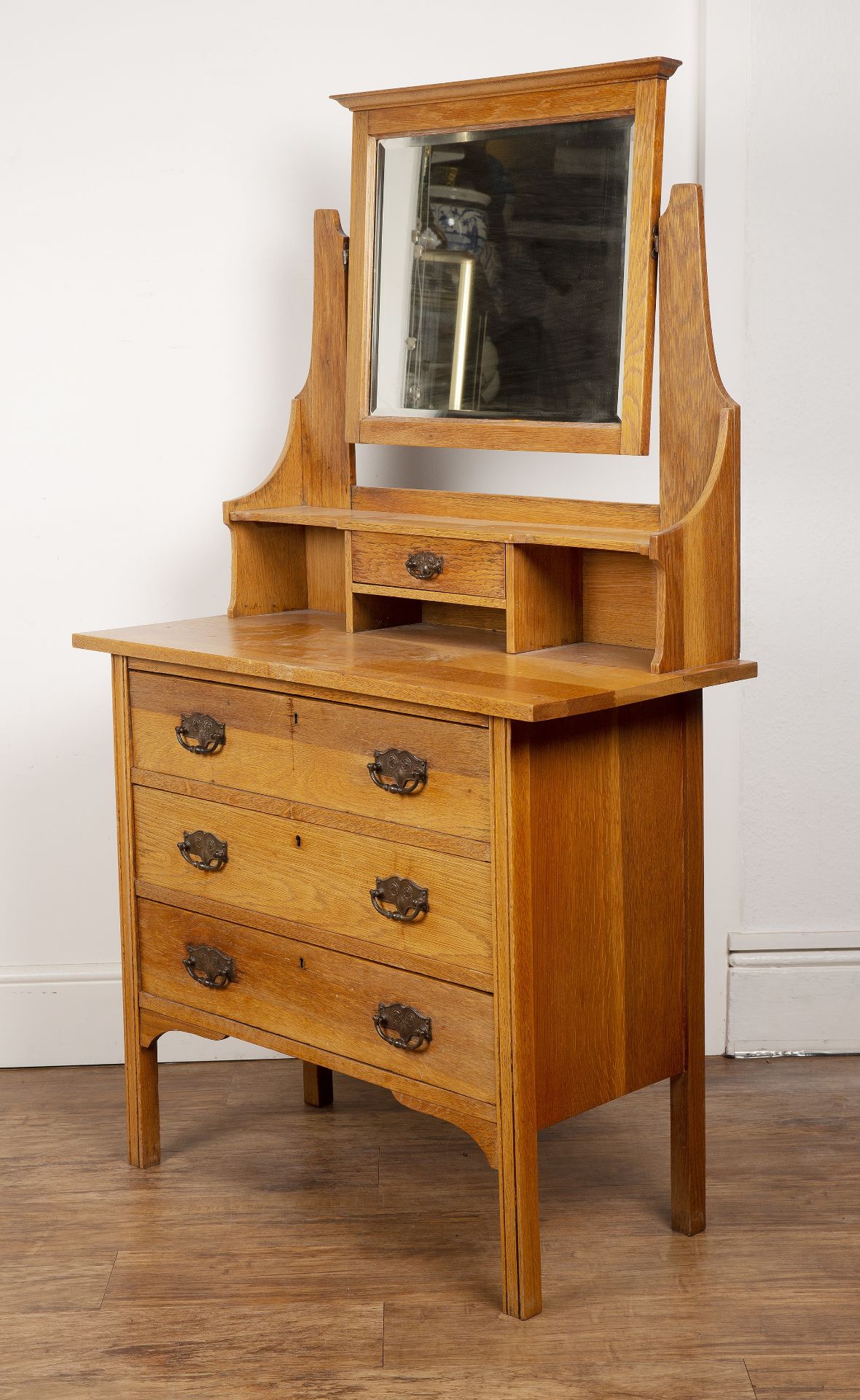 In the manner of Liberty & Co oak, dressing table, the top fitted with a rectangular bevelled edge - Image 3 of 5