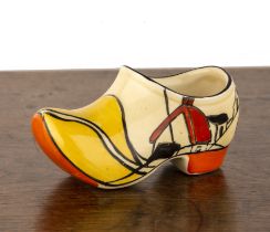 Clarice Cliff (1899-1972) 'House and bridge', model of a clog, marked to the base, 6cm high x 10.5cm