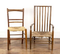 Arts and Crafts ash and elm, two small rush seated chairs, one low example with vertical splats on