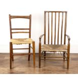 Arts and Crafts ash and elm, two small rush seated chairs, one low example with vertical splats on
