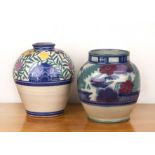 Truda Adams for Poole Pottery two large vases, the first decorated with a stylised bird and flowers,